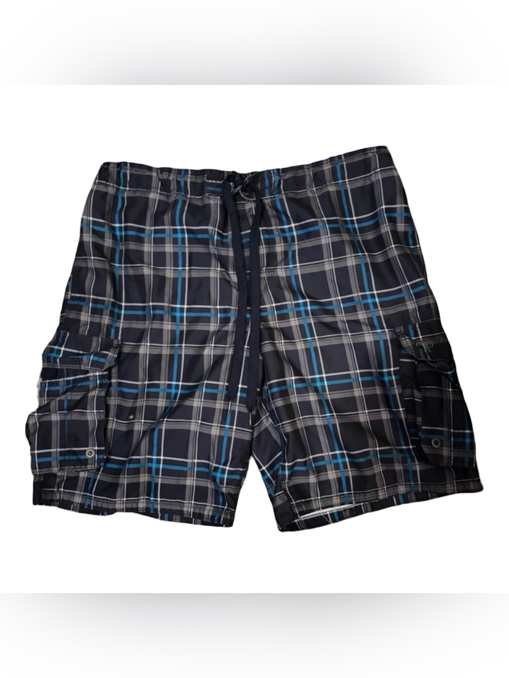 OP Blue Men’s Plaid Mesh Lined Swim Casual Safari Cargo Shorts Size XL